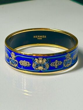 Hermes Emaille Blue Enamel Gold Plated Bangle Bracelet